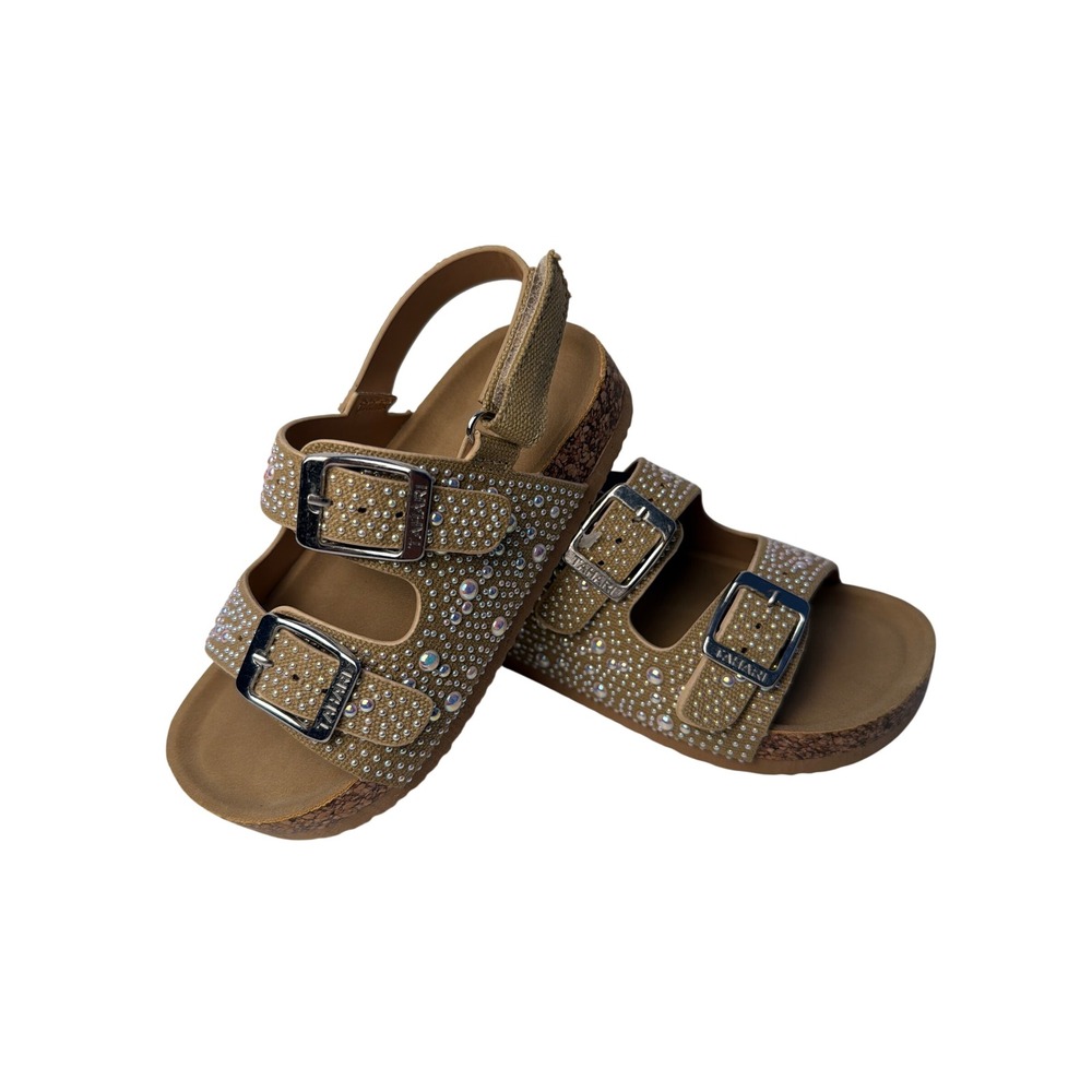 Tahari Girls Tan Rhinestone Faux Pearl Buckle Sandals Size 9T NEW